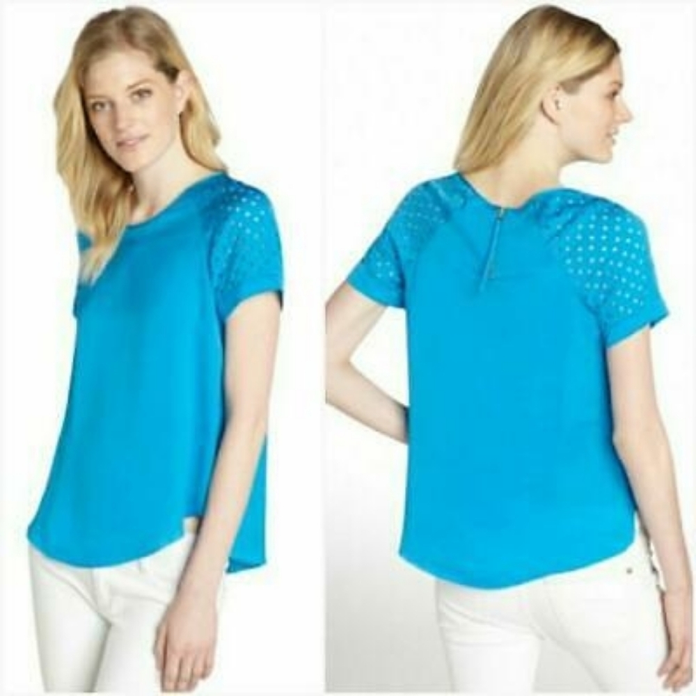 Rebecca Taylor Azul Laser Cut-Out Short Sleeve Top